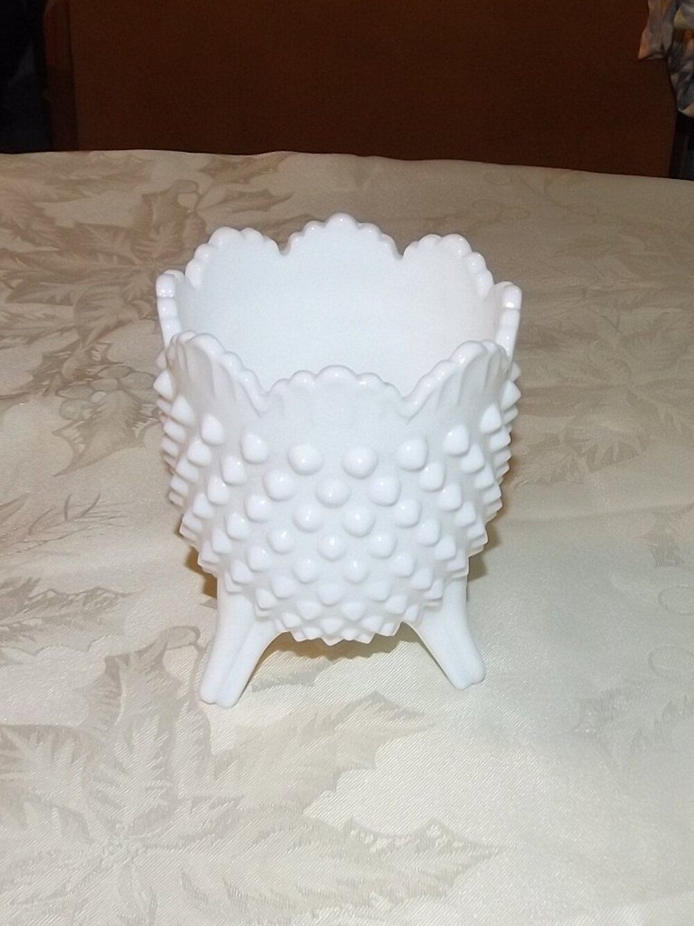 Mid-Century Fenton White Milk Glass Hobnail Footed Egg Shaped Vase Rose Bowl